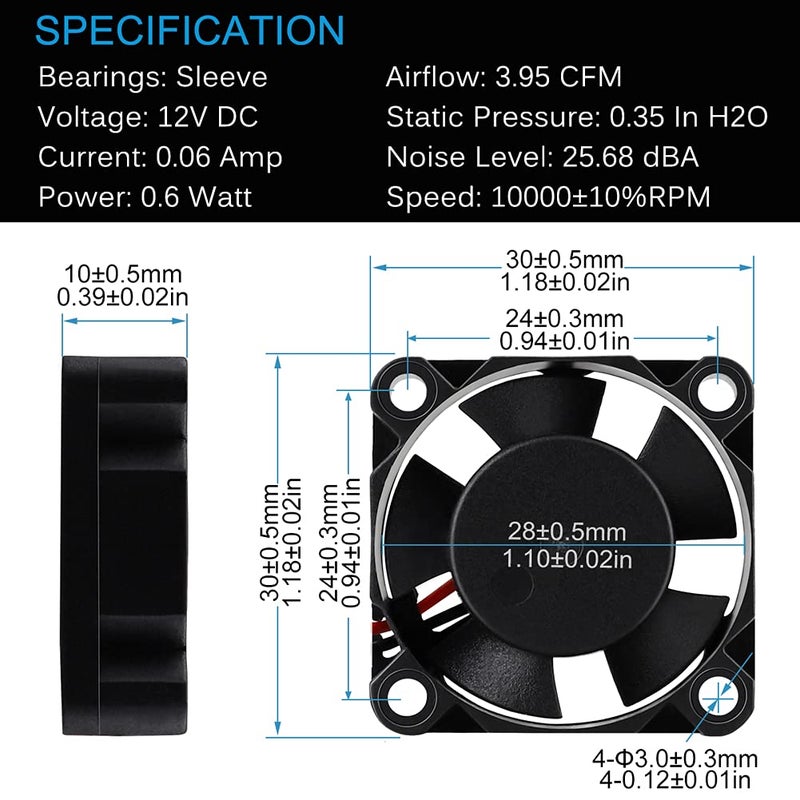 GDSTIME 30mm x 30mm x 10mm 1 inch Small 12V DC Brushless Cooling Fan 2-Pack - Image 2